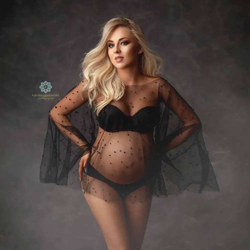 Sexy Tulle Pearl Maternity Photography Dresses Pullover Cloak Maternity Dress for Baby Showers Pregnancy Photo Shoot Poncho