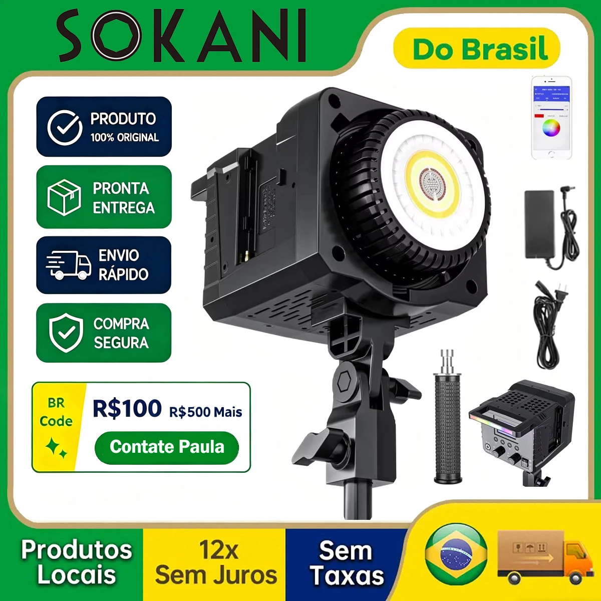 【Paula Do Brasil】Sokani X100 RGB Bicolor 100W COB LED Luz de vídeo Iluminação balanceada Bowens Mount para estúdio de fotografia ao ar livre