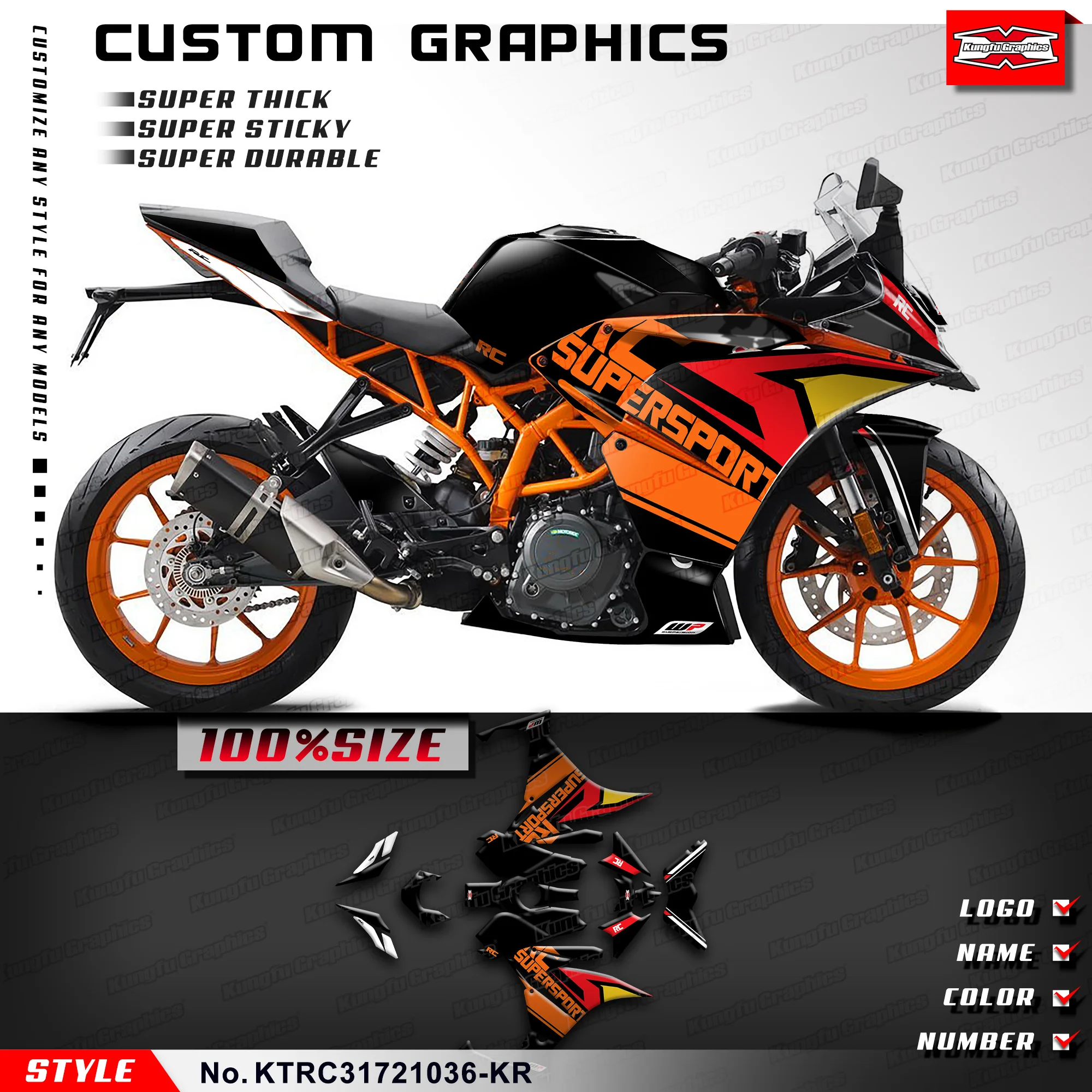 KUNGFU GRAPHICS Racing Graphics Wrapping for KTM RC 125 200 250 390 2017 2018 2019 2020 2021 2022 2023 2024, KTRC31721036-KR