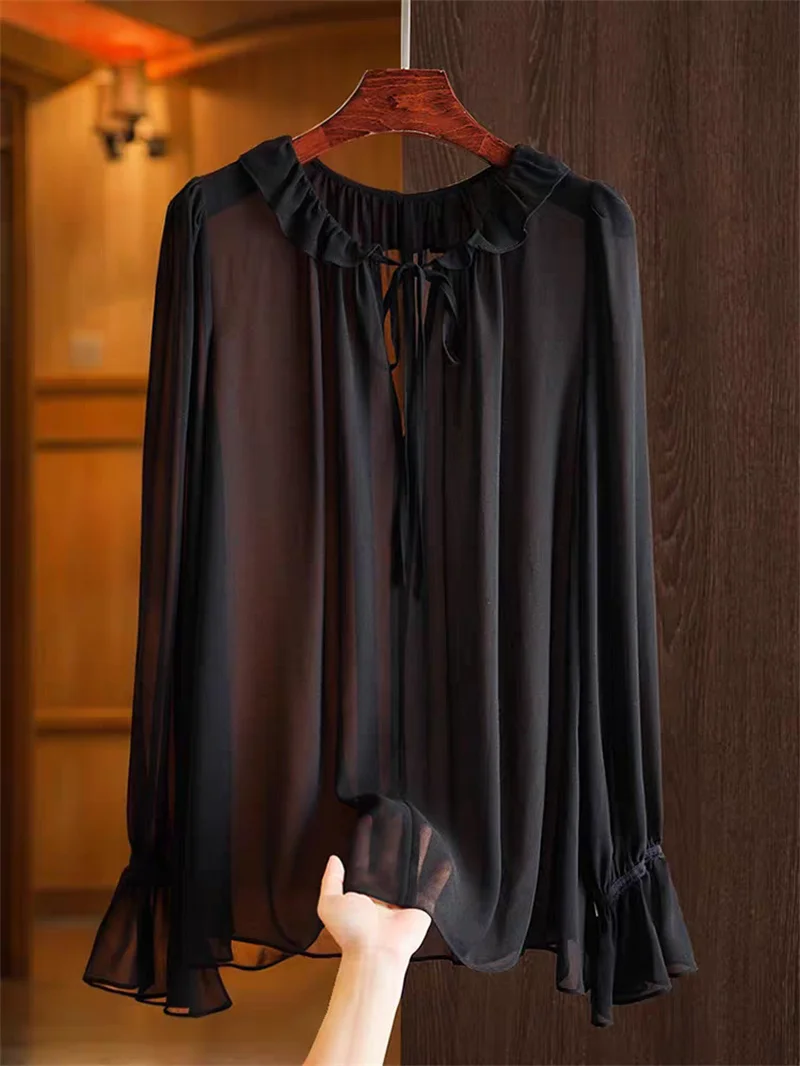 Elegant Long Sleeve Chiffon Blouse Casual Office Ladies Top Lace up Ruffle Collar Flared Sleeve Shirts Solid Color Commuter Tops