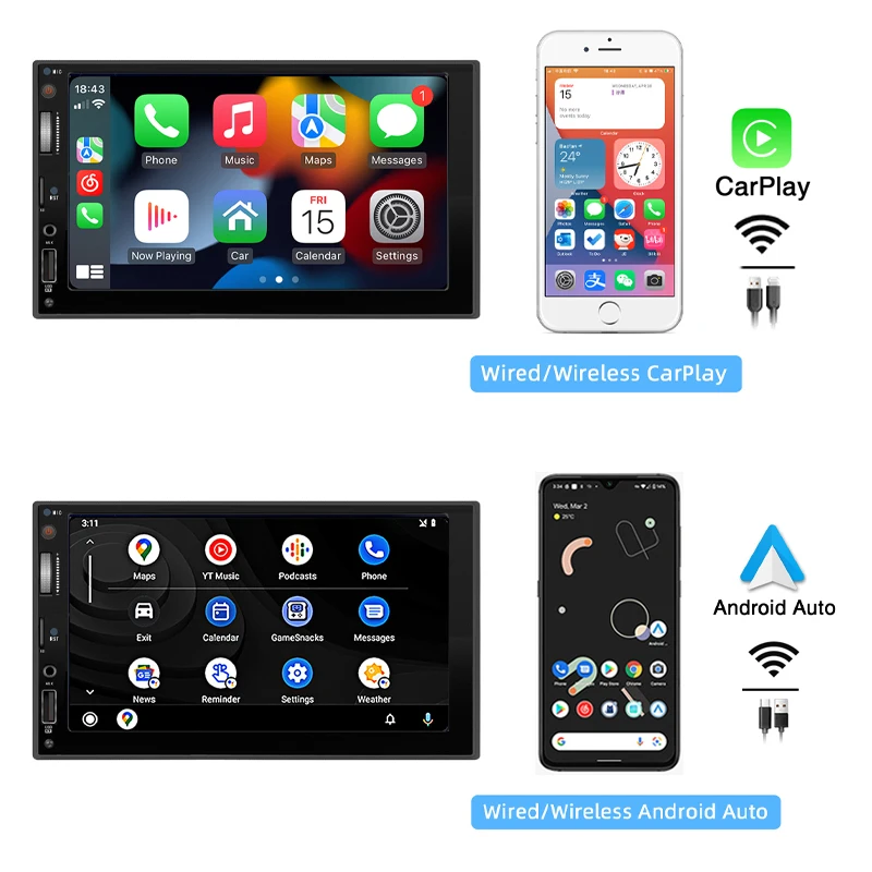 2 Din Autoradio Wireless CarPlay Android-Auto Bluetooth Vivavoce Specchio Link Lettore MP5 Aux USB TF Sistema Audio Unità Principale S7028