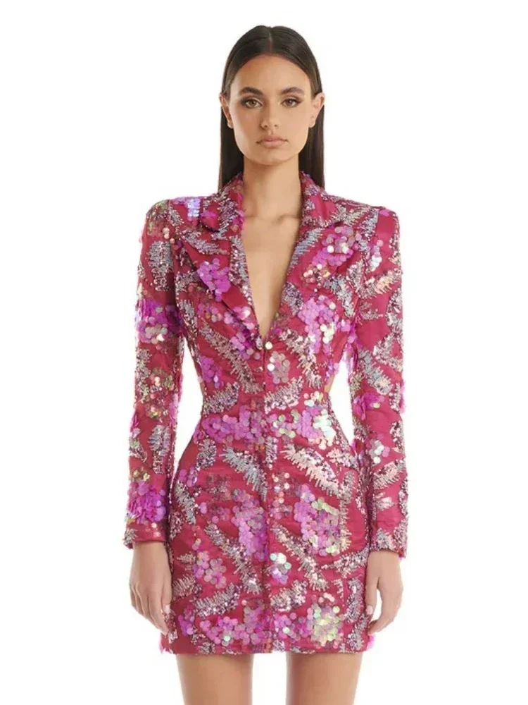 New Sexy V Neck Luxury Sequin Slim Blazer Dress Women Bright Sequined Long Sleeves Backless Mini Dress Evening Party Cocktail