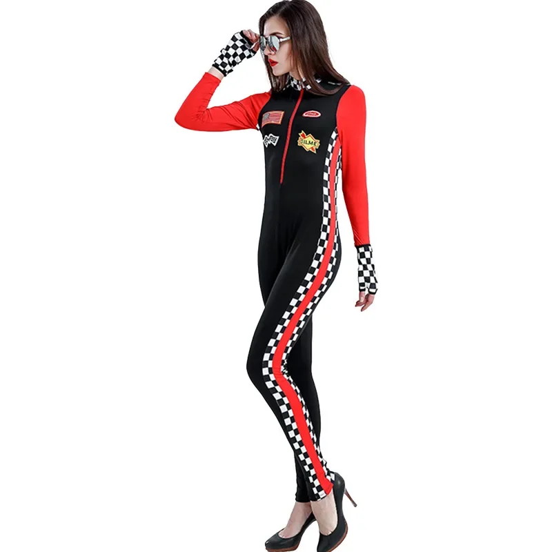 Vrouwen Sexy Racer Kostuum Stretchy Race Auto Coureur Kostuum Lange Mouwen Race Meisje Outfit Met Handschoenen Halloween Cosplay Kostuum