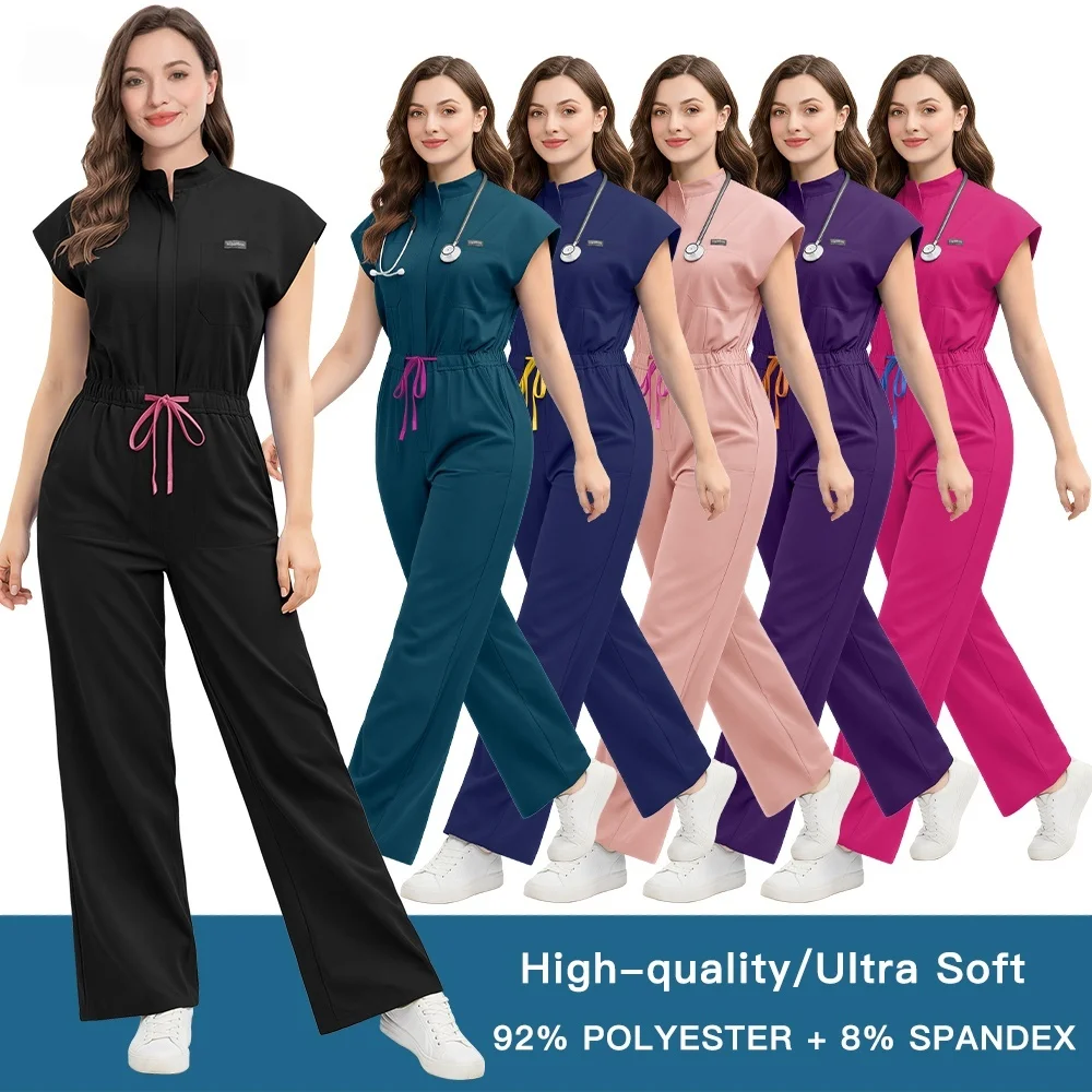 Women Slim Fit Slimming Small Stand Collar Premium Jumpsuit Drawstring Workwear Solid Color Nurse Uniform