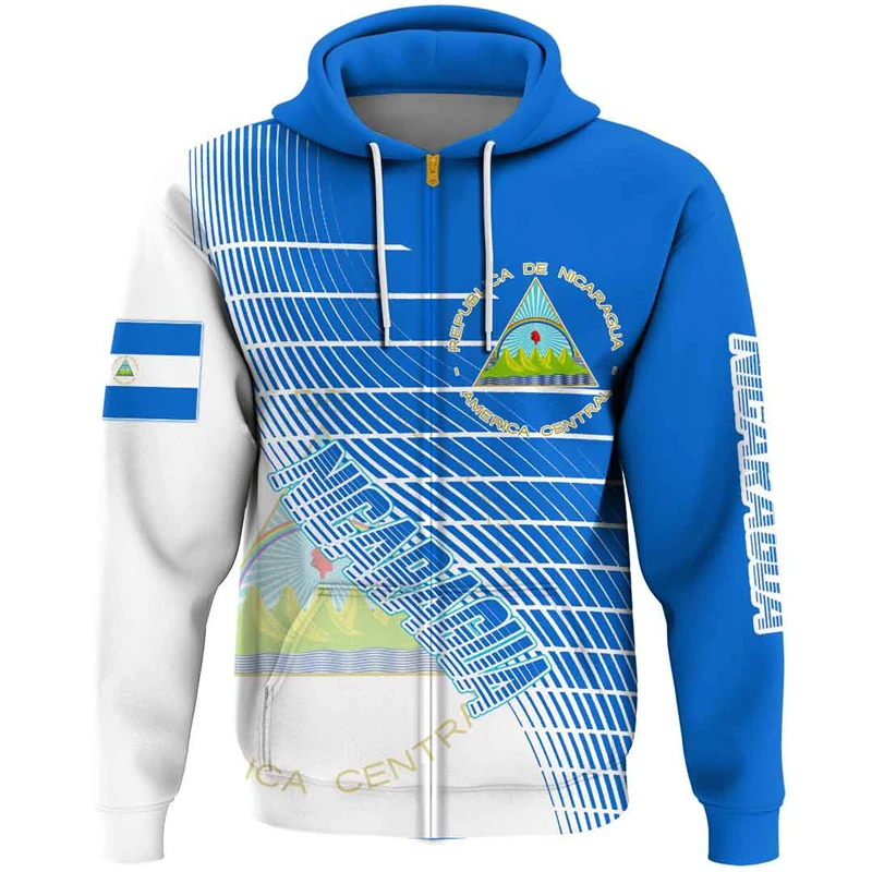 Nicaragua Flag Map 3D Printed Zip Up Hoodies For Men Clothes National Emblem Hoody Tracksuit Fashion Boy Zipper Hoodie Women Top