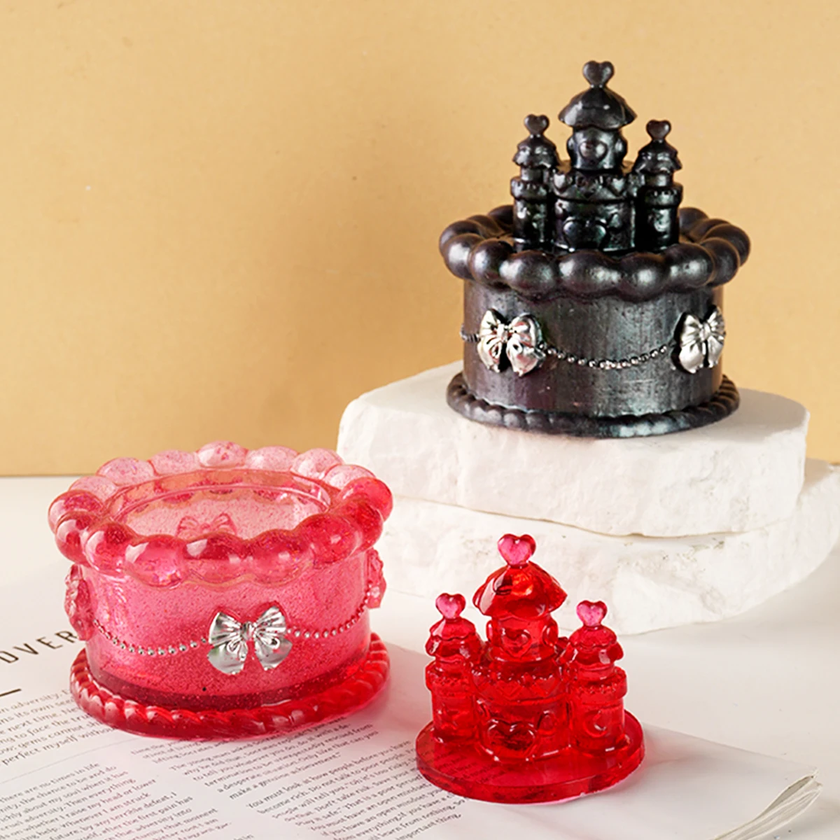 DIY Castle Cake Jewelry Storage Box with Lid Silicone Mold Gypsum Cement Candle Cup Storage Jar Casting Molds Creative Ornament