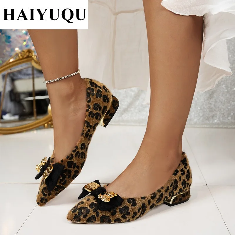 Sexy Pointed Toe Chunky Women Shoes Bow Leopard Shallow Loafers Autumn 2025 Brand New Fashion Pumps Party Dress Zapatillas Mujer