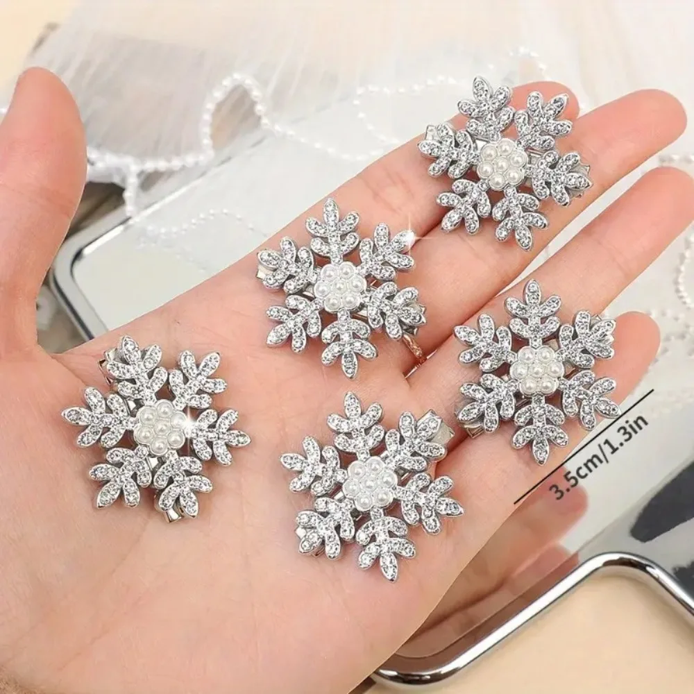 2Pcs Christmas Pearl Rhinestone Snowflake Girls Hair Clip Duckbill Clip Headwear Side Clip Jewelry Accessory Glitter Shiny Gift