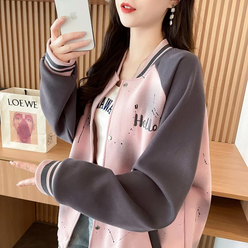 

Baseball Jackets Grey With White Sleeves Womens Summer Working Fabric Tracksuits Mock Two-Pieces Rhinestones Heavy Beautiful Y2K