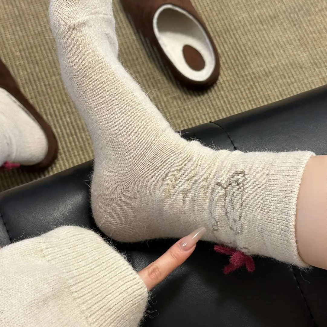 5 Pairs Women's Socks Set Winter Korean Warm Thick Simple Pile Socks For Girl Bow Cartoon Cute Puppy Sweet Kawaii Mid Tube Socks