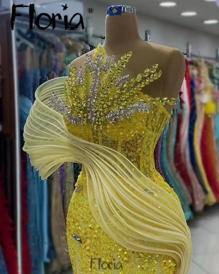 Yellow Mermaid Evenig Dresses Customized 2025 Elegant Ruffles Beaded Crystals Wedding Party Dress Robes Arabic Cocktail Dress