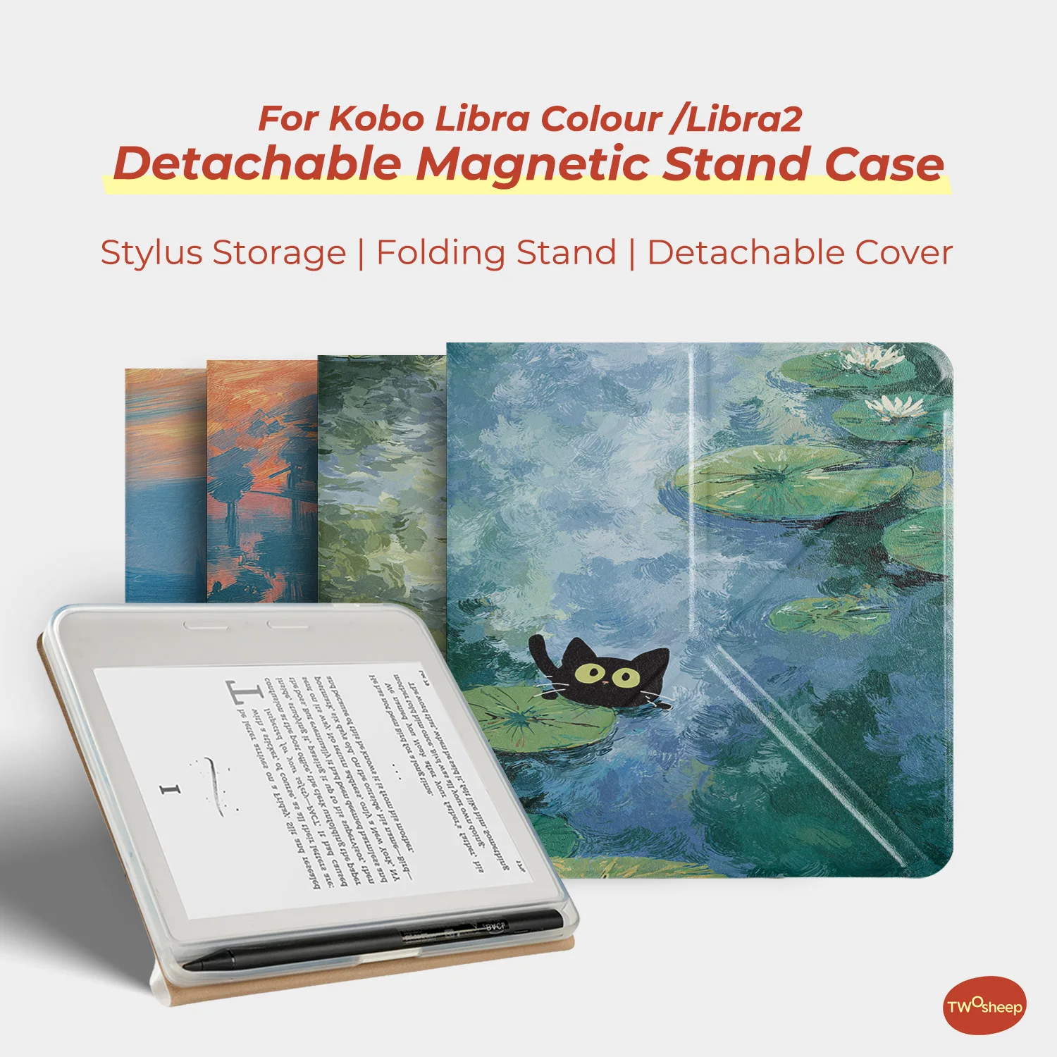 Twosheep Monet and Cat Detachable Magnetic Case suit for Kobo Libra Colour Libra2 Pen Holder Stand Acrylic Clear Shell Cover