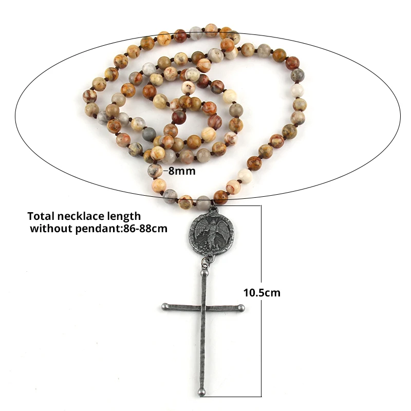 Fashion Bohemian Jewelry Accessory 8mm Beaded Stone Knotted Black Metal Cross Pendant Necklaces For Women Festival Gift