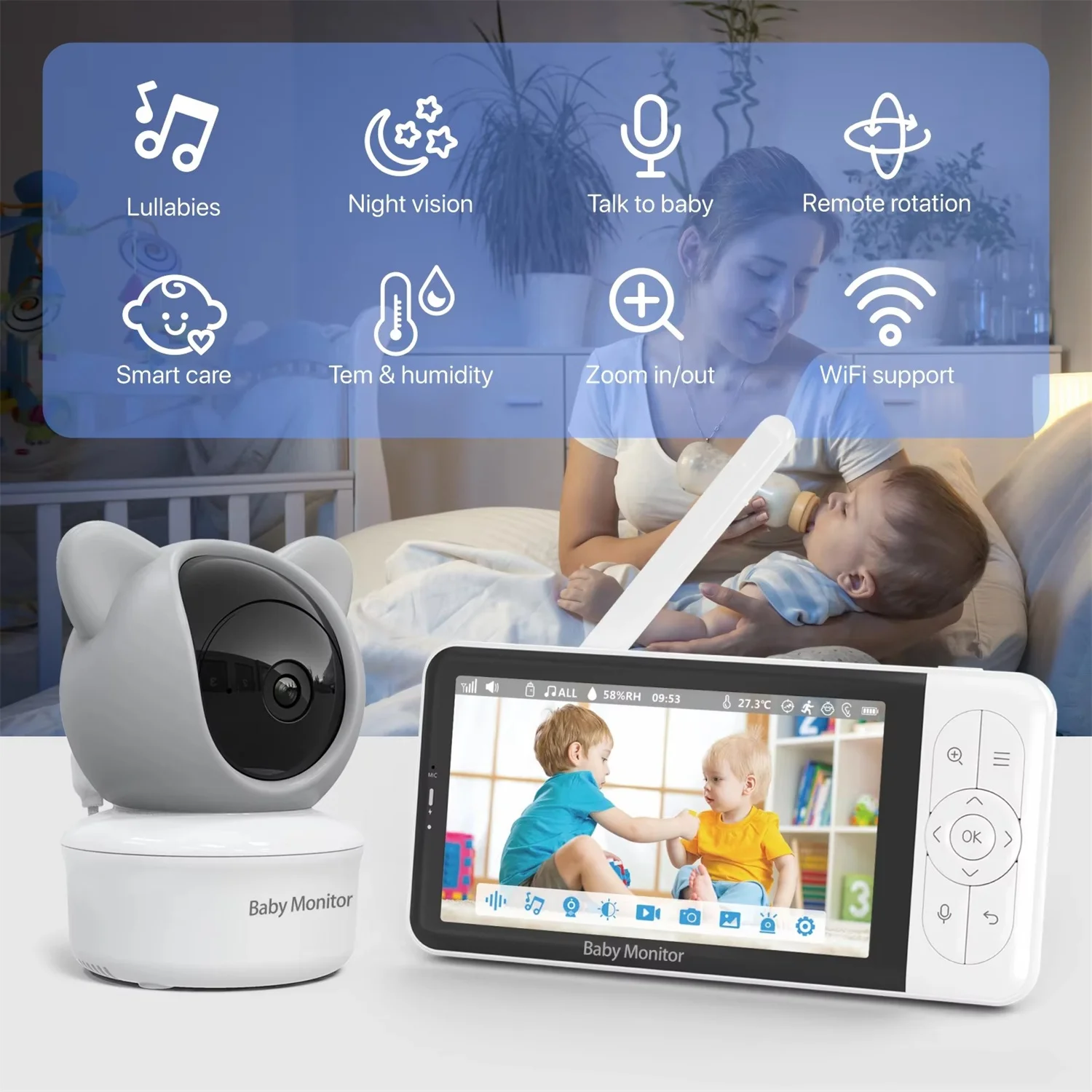 5 Inch WiFi 1080P TUYA Baby Monitor IR Night Vision Temperature Motion Detection 2-Way Talk Rechargeable Battery Safety Camera