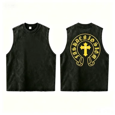 Vintage Gothic Sleeveless Shirt, Yellow Cross Horseshoe Graphic, Washed Black Dark Streetwear Tank, Casual Loose Fit