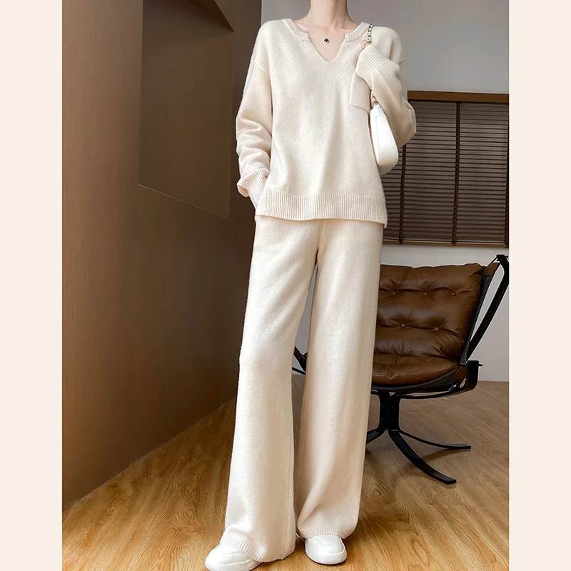 Women Wool V-neck Sweater Pullovers Casual Straight Pants Spring Autumn Winter Knitwear 100% Merino Wool Two-piece Suit Clothing