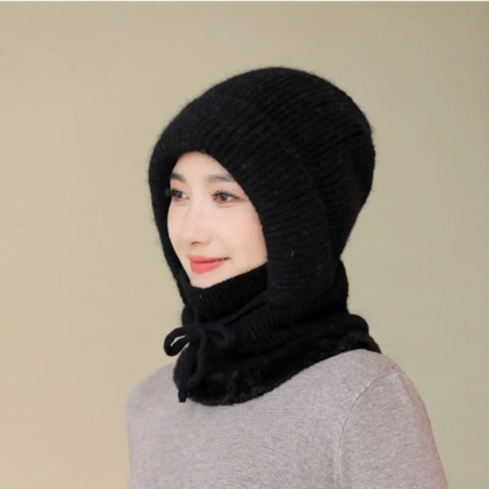 

New Windproof Knitted Hat Neck Protection Fur Lined Beanie Cap Thermal Insulation Thickened Hooded Cap Women