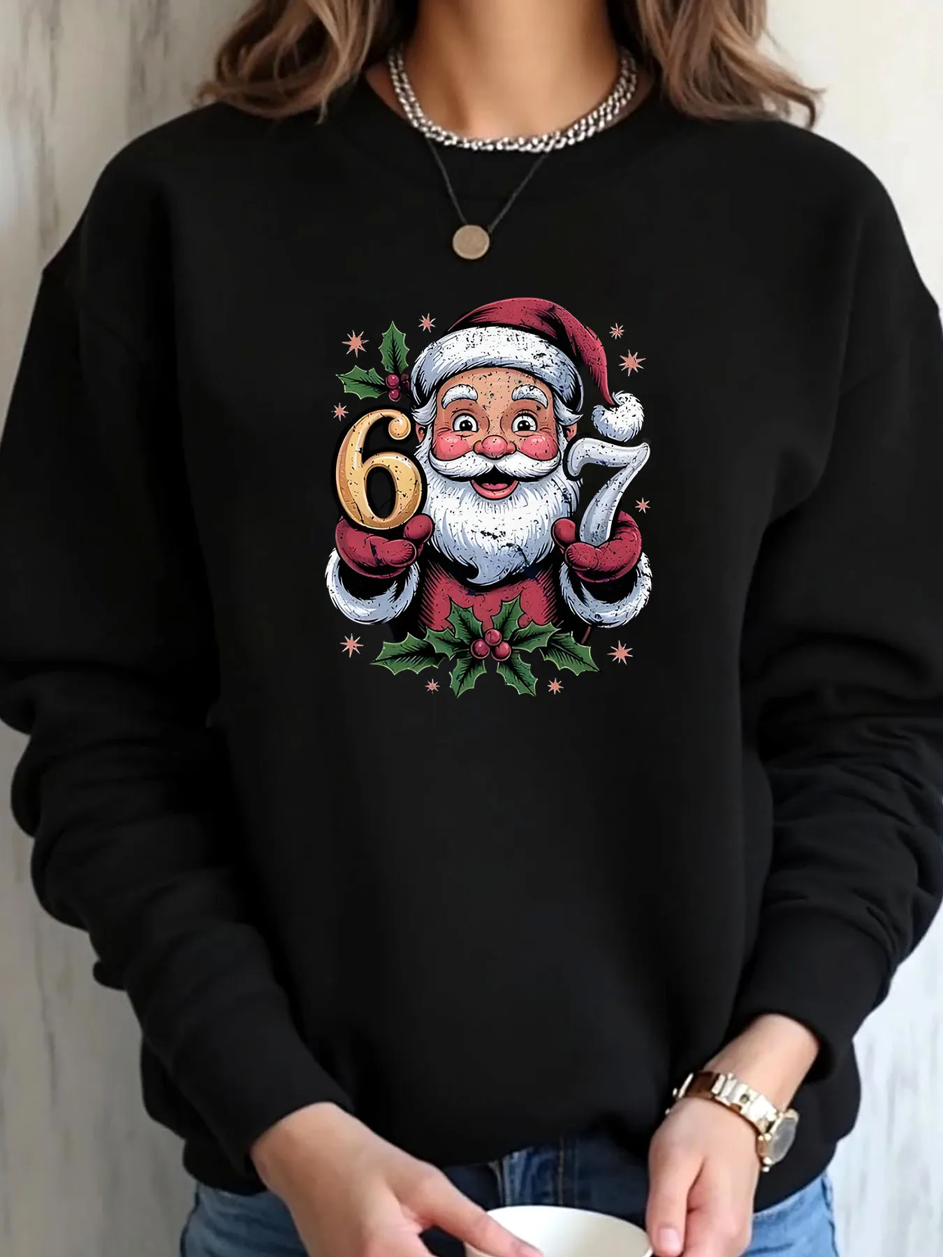 سويت شيرت نسائي مقاس كبير لعيد الميلاد سانتا كلوز 67 مطبوع ملابس خارجية #1