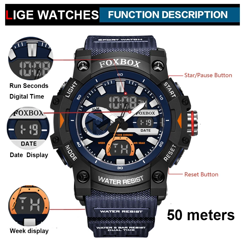 LIGE Top Luxury Original Sports Wrist Watch For Men Quartz Silicone Waterproof Dual Display Military Watches Relogio Masculino