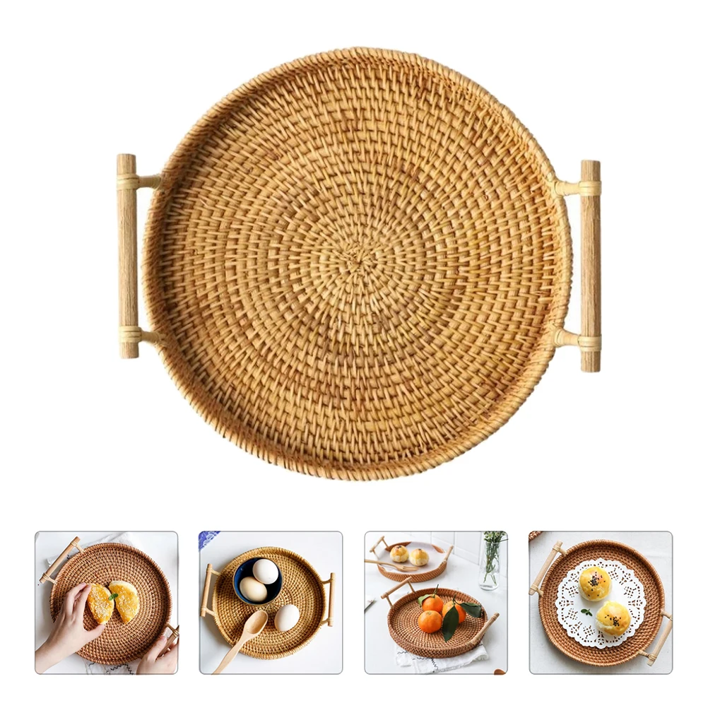 

Rattan Storage Tray Woven Meal Basket H led Dishes Vintage Large Capacity Bread Fruit Snack Reusable Environmental Friendly