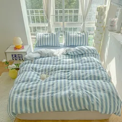 Lightweight Hotel Luxury Duvet Cover 4Pcs Blue White Vertical Stripes Ultra Soft Breathable Comforter Cover Bed Sheet Pillowcase