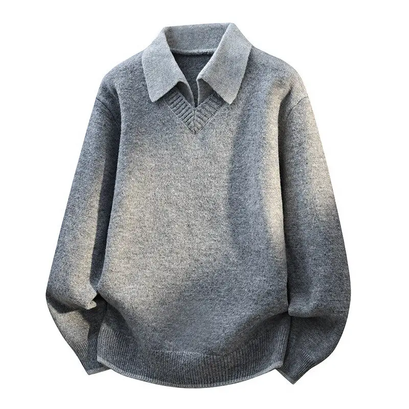Men's Fashion Fake Two-Piece Knitted Sweater Casual Loose Fit V-Neck Pullover Winter Warm Jumper