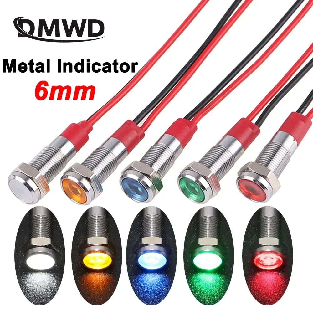 LED Metal Indicator Light 6mm Waterproof Power Signal Lamp DC3V/5V/6V/12V/24V/AC220V Red Yellow Blue Green White