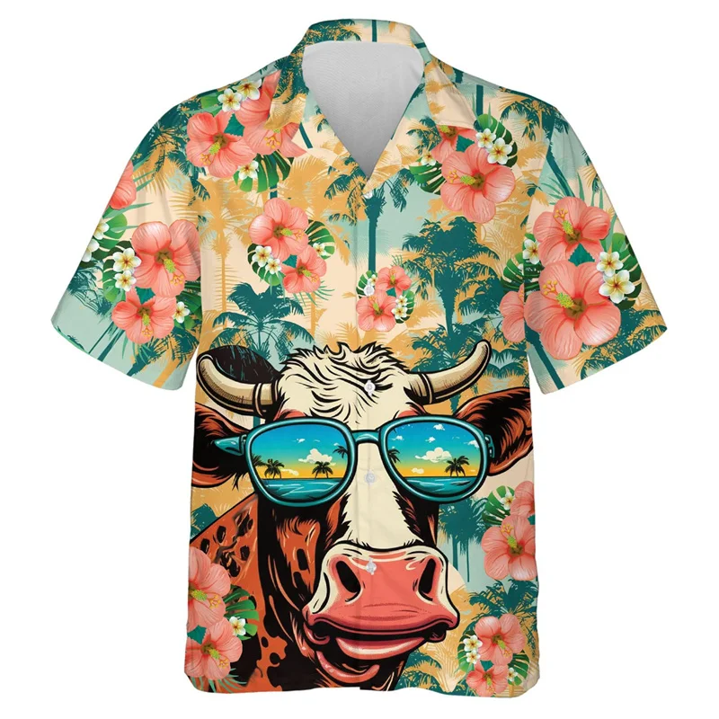 Funny Animal Cow 3D Printed Beach Shirts For Men Clothes Casual Hawaiian Dairy Short Sleeve Fashion Aloha Lapel Blouse Tops