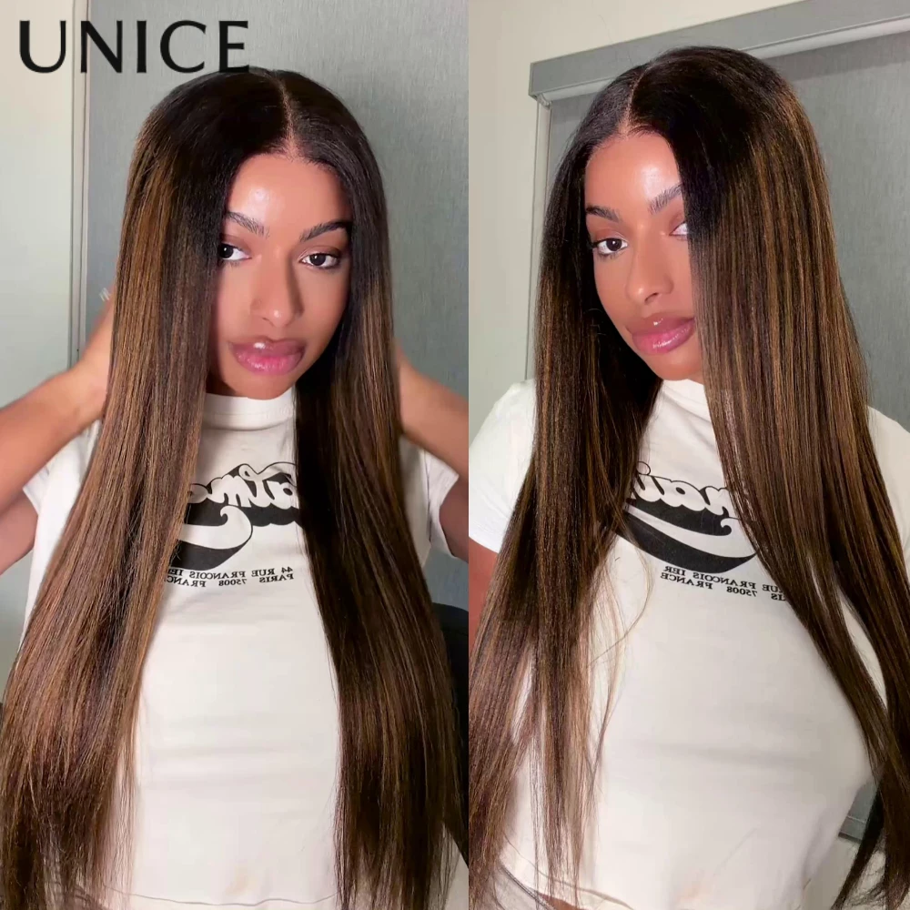 يونيس 13x4 ما قبل كل شيء ™   باروكة أمامية من الدانتيل يسلط الضوء على شعر مستعار ياكي مستقيم مع رباط شعر مستعار بدون صمغ مبيض مسبقًا