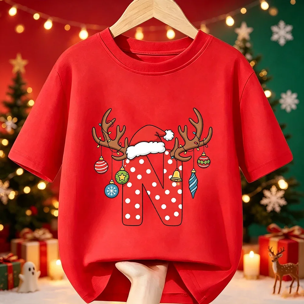 Christmas Antlers Santa Hat Xmas A‑Z Alphabet Print Kids T‑Shirt Cotton Boys Girls Short Sleeve O‑Neck Holiday Party Tee Top