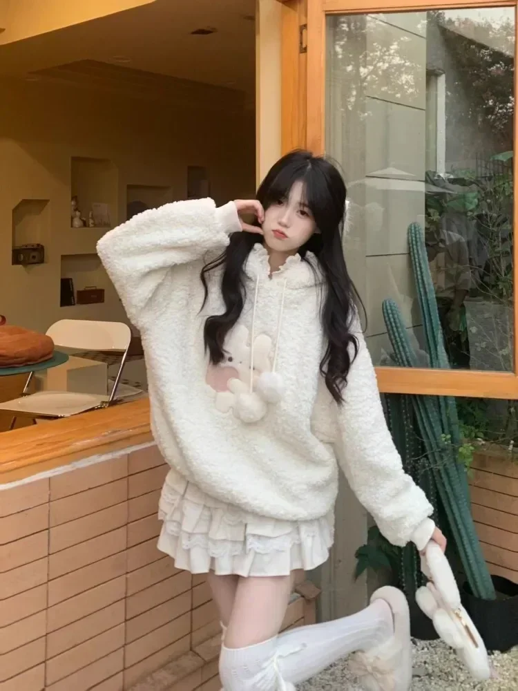 Sudaderas con capucha de conejito Kawaii para mujer, jerséis de lana de cordero Cutecore japonés, sudaderas cálidas de lana para invierno, sudaderas holgadas y suaves para chica