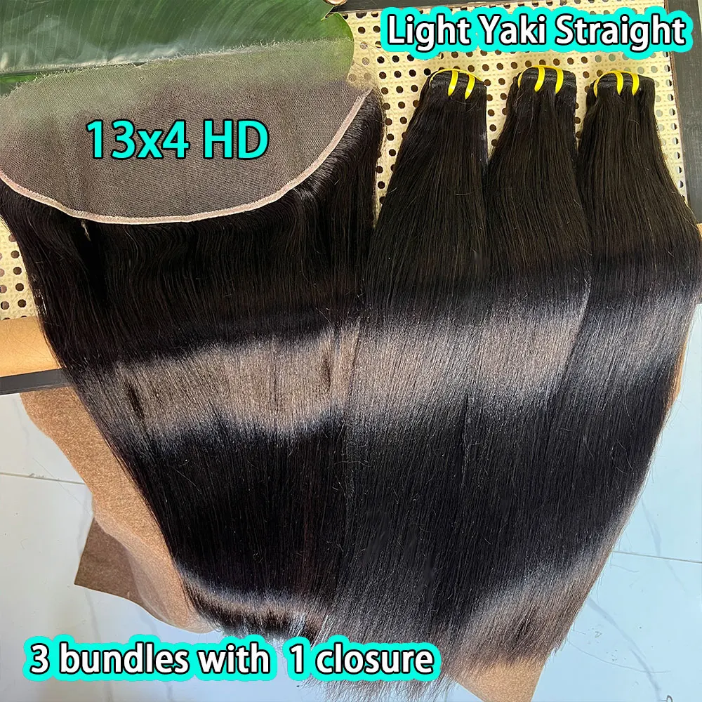 

Light Yaki Straight Human Hair Bundles With 13x4 HD Closure Frontal HD Transparent Kinky Straight Hair Deal Hair Extension