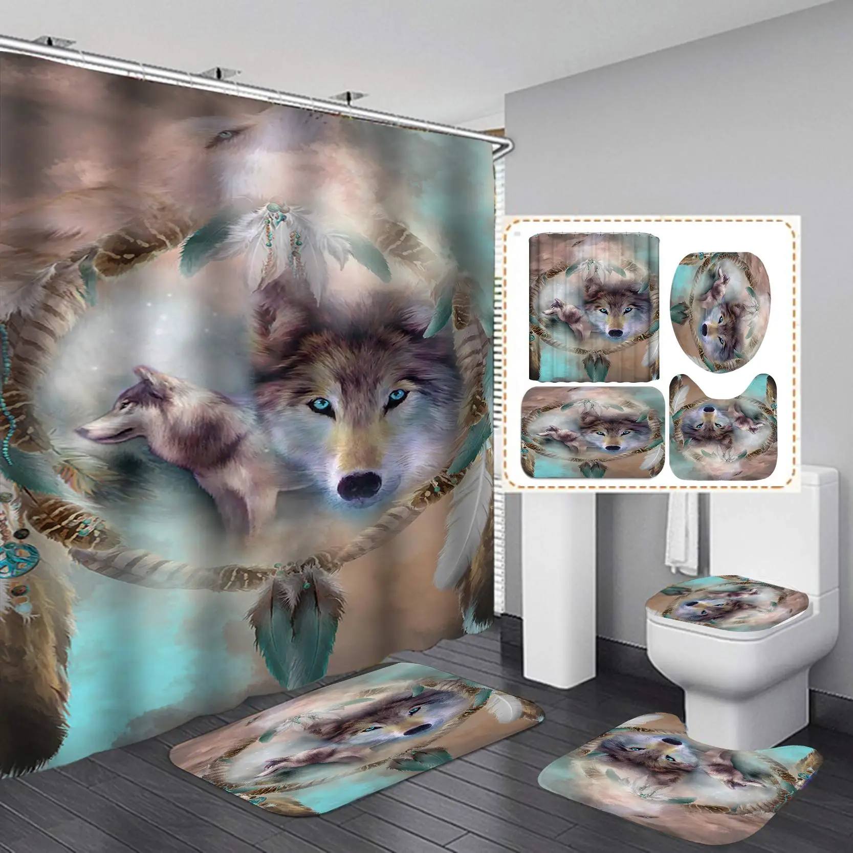 Mysterious Wolf Moon Shower Curtain Sets Rugs Toilet Lid Cover Bath Mat Waterproof Wild Animal Bathroom Shower Curtain Set Decor