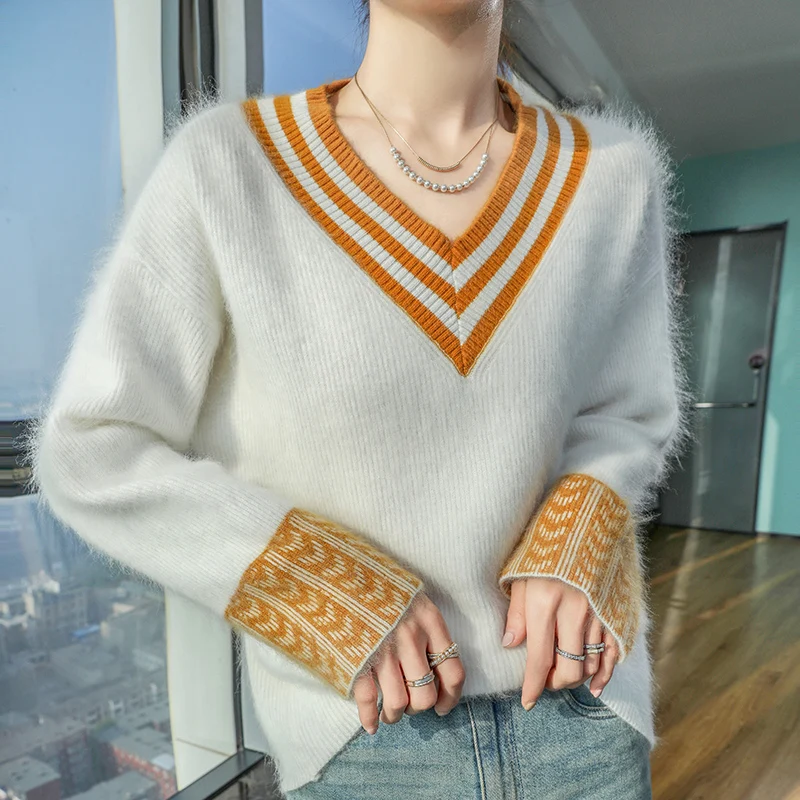 Women's Warm Winter Sweater Cashmere Knit Pullover Women's Heart-Shaped V-Neck Loose Long-Sleeved Autumn Fashion Flcashmere Top