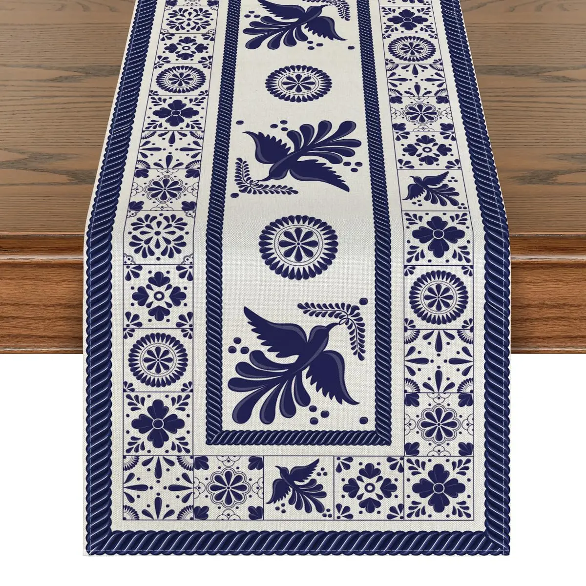 Floral Bird Dia De Los Muertos Mexican Table Runner, Blue Patchwork Tiles Kitchen Dining Table Decoration for Home Party Decor