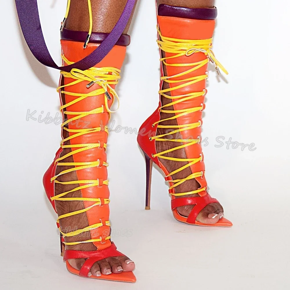 

Cross Strap Sandals Genuine Leather Mixed Color Novelty Sexy Fashion Concise Luxury Women Shoes Newest Pointy Thin Heels Zippers