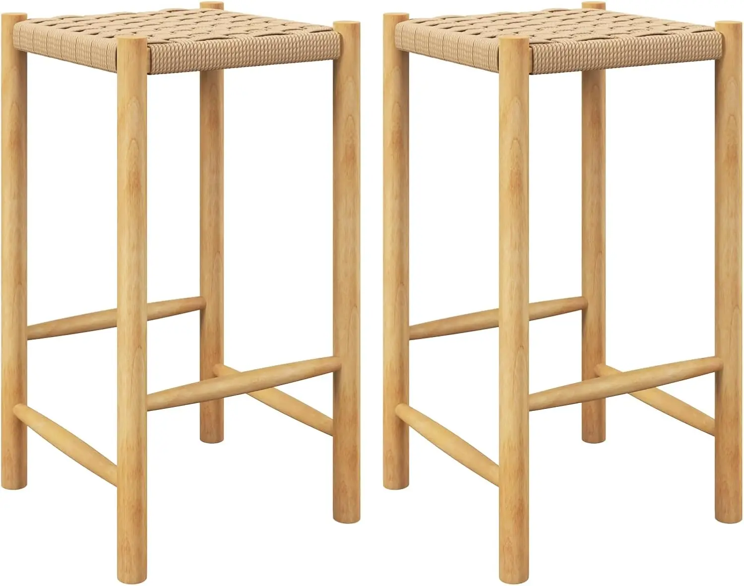 

26" Counter Height Wood Bar Stools Set of 2, Boho Rattan Barstools, Max Load 330 Lbs, Armless Saddle Kitchen Stools, Backless
