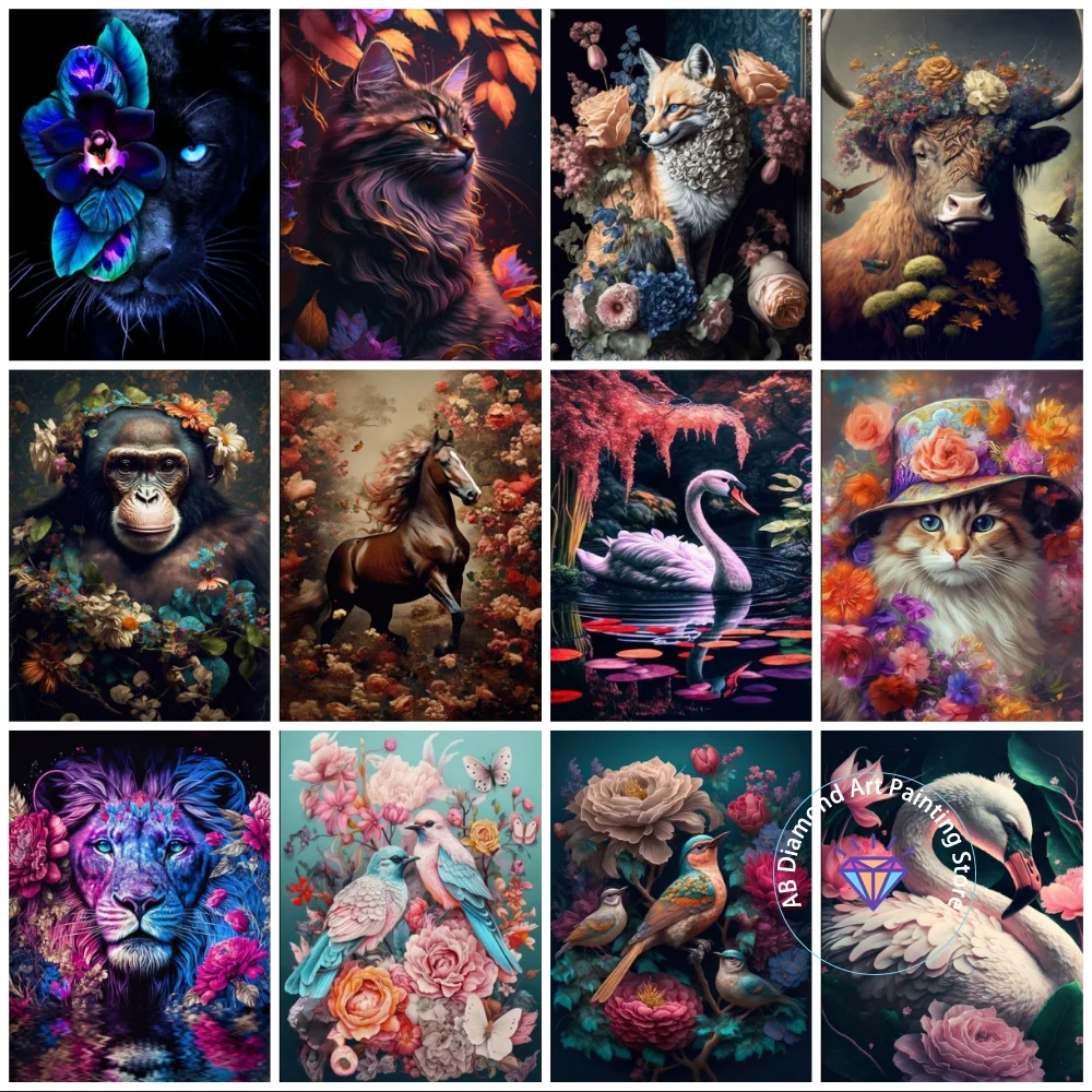 

Flower Animal Tiger Fox Flamingo AB Diamond Painting Kit Square Round Diamond 5D DIY Mosaic Handmade Art Gift Home Decoration