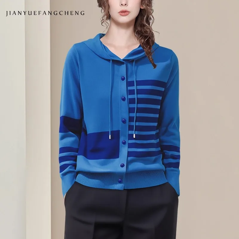 Fashion Women' Button-down Striped Hoodies Loose-fitting Plus Size Knit Wool Top Female Fall Casual Sports Outfits