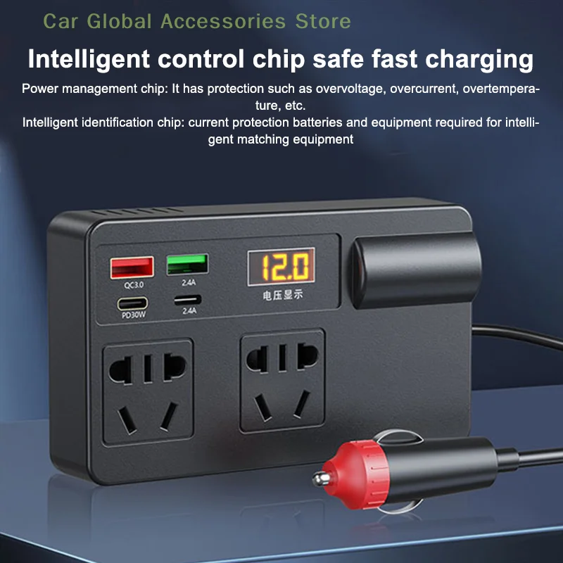 سيارة العاكس 200 واط تيار مستمر 12 فولت/24 فولت إلى التيار المتناوب 220 فولت محول تشغيل/إيقاف التبديل QC 3.0 USB/PD/Type-C شواحن محول الطاقة كشف الجهد