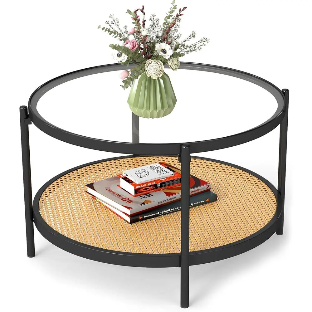 

27" Round Coee Table, 2-Tier Glass Top & Rattan Shel, ern Industrial Side Table or Living Room Bedroom Oice, Black Metal e