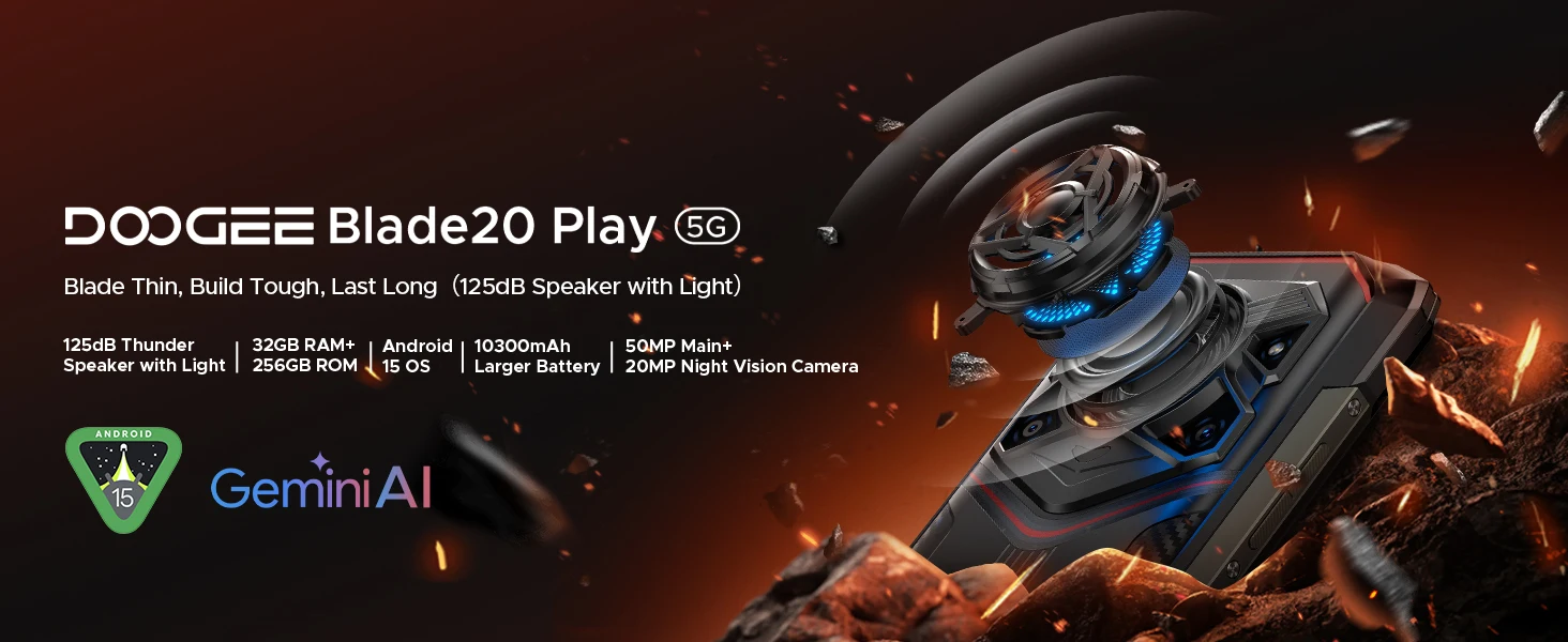 DOOGEE Blade20 Play 5G Rugged Phone Dimensity 7050 6.6'' Gemini Al 125dB Speaker 10300mAh Battery NFC Android 15 Mobile Phone