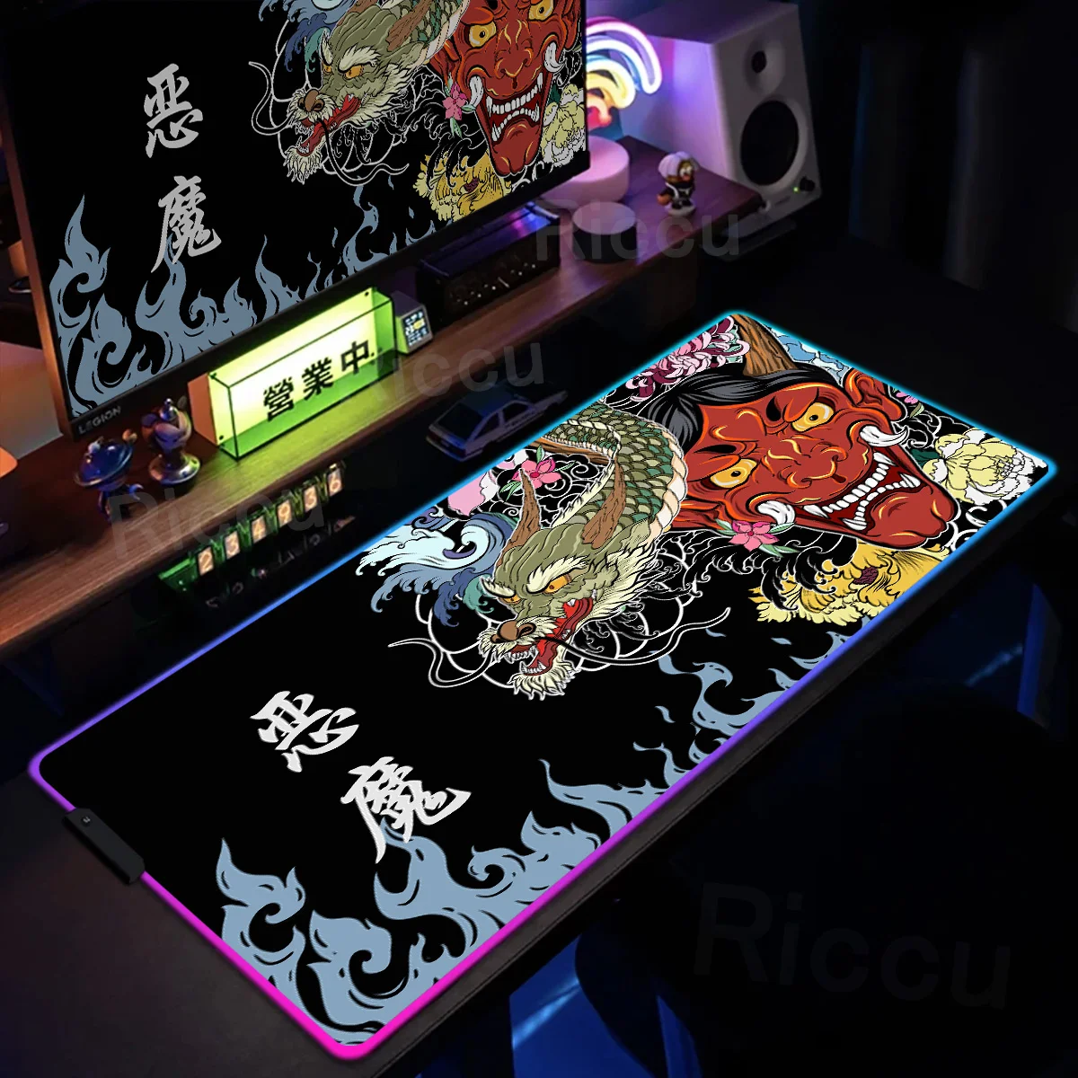 

Gaming RGB Mouse Pad Japanese Samurai Desk Mats LED Backlight Mousepad Gamer XXL HD Print Oni Warrior Carpet Keyboard Mouse Mats