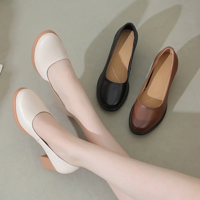 GKTINOO 2024 New Fashion Women Pumps Round Toe Thick Heels Genuine Leather Shoes Woman Spring Summer Office Ladies Shoes Comfort