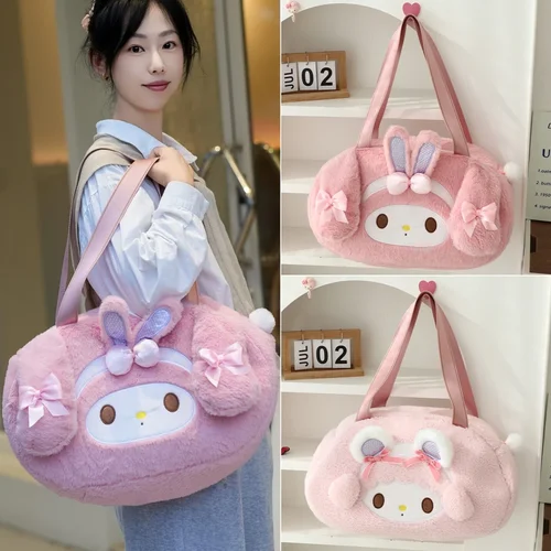 Bolso de hombro peludo Kawaii My Melody, bolso de mano de felpa de dibujos animados Adorable, bolso de Piano dulce, mochila escolar suave de estilo japonés para niña