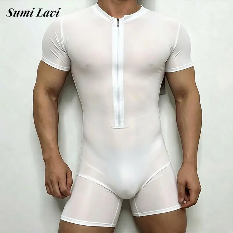 

Yoga Gyms Mens Bodycon Bodysuits Sexy Deep V Neck Zip-up Playsuit Summer Clubwear Fashion Solid Color Stretch Slim Fit Jumpsuits
