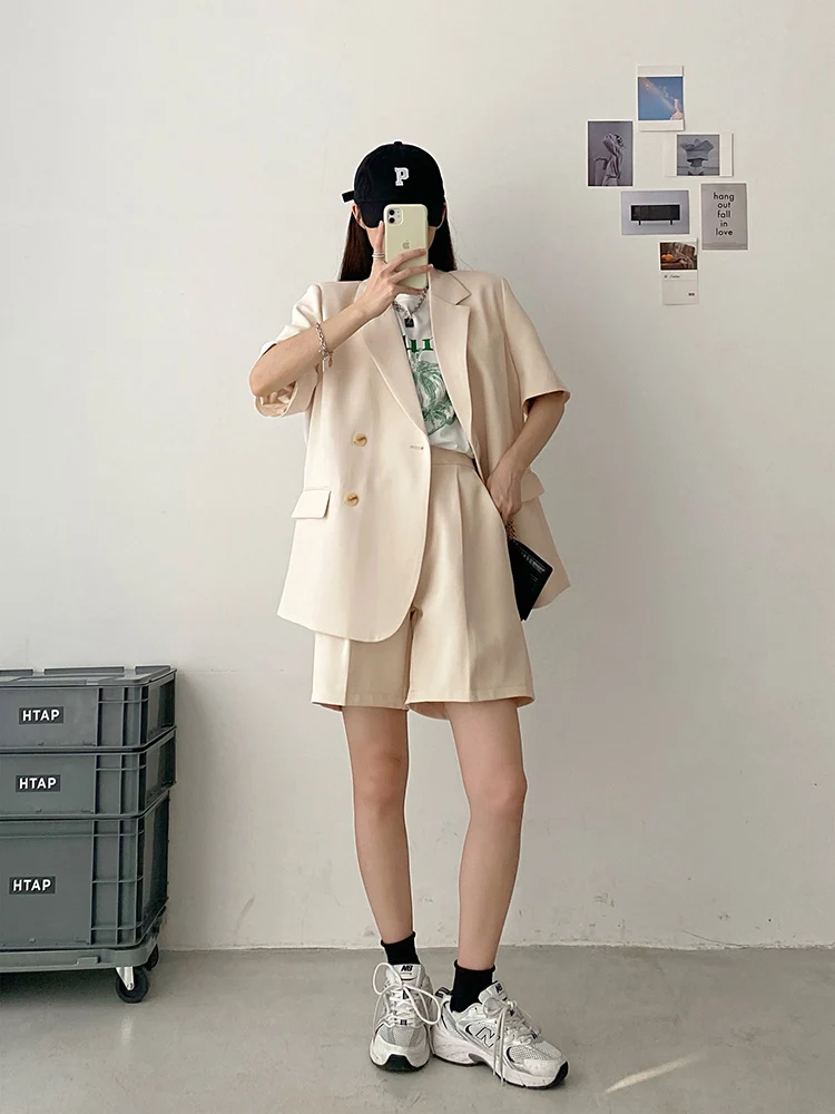 مجموعة أزياء الشارع لفصلي الصيف والخريف، بدلة صيفية خفيفة بحجم كبير، جاكيت كاجوال فضفاض بأكمام قصيرة، شورت نسائي، طقم من قطعت...