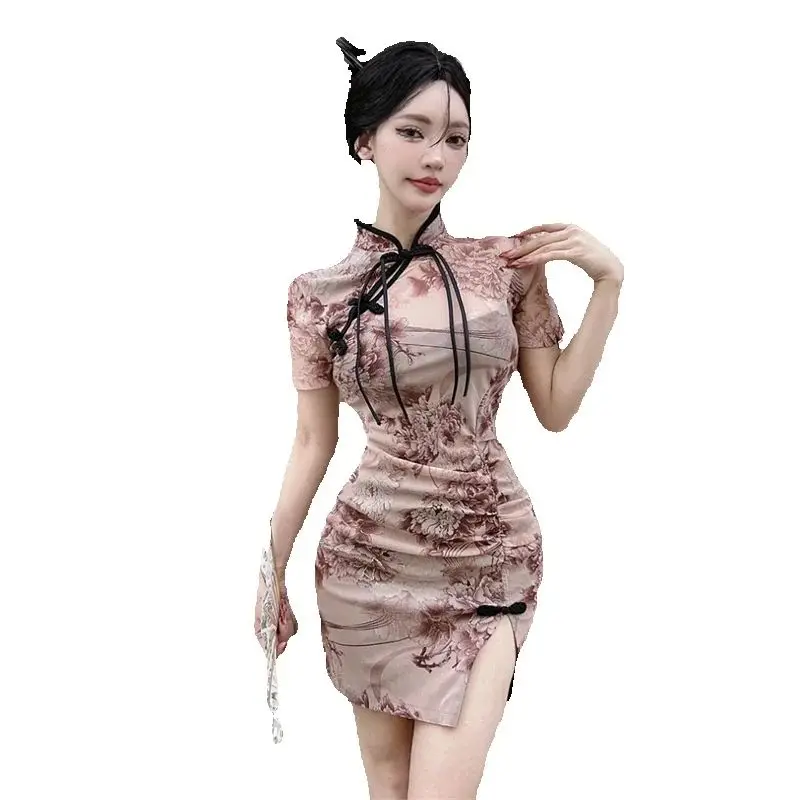 

Chinese cheongsam summer high slim elegant flower long maxi dress hot sexy short skirt Korean fashion women Y2K clothing