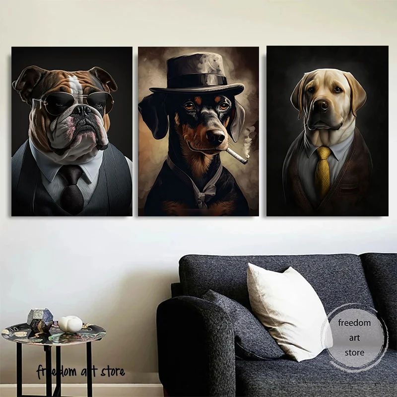 Dog Portraits Smoking Gangster Style Golden Retriever Shepherd Bulldog Art Poster Canvas Painting Wall Print Picture Home Decor