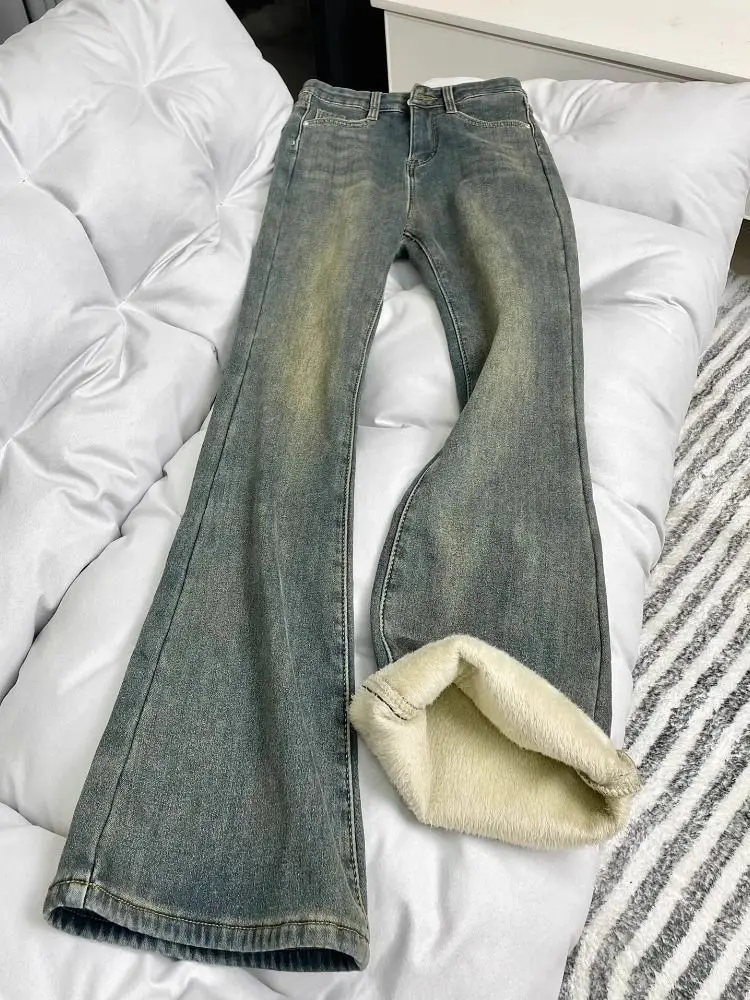 

Winter Vintage Flared Denim Pants Women High Waist Fashion Thicken Blue Jeans Y2k Harajuku Chic Emo Korean High Quality Clothes
